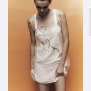 Zara Women's Small Beige White Floral Embroidered Sheer Mini Dress Festival BNWT